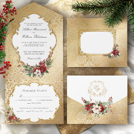Invitación Todo En Uno Navidades de Opulencia Dorada Boda Floral