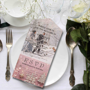 Invitación Todo En Uno Navidades de plata rosa chisporroteada en imitació