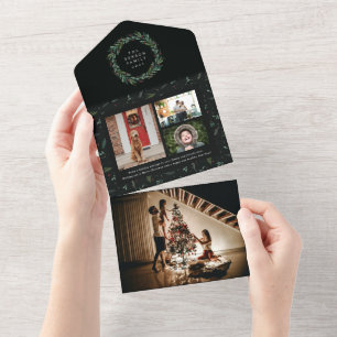 Invitación Todo En Uno Navidades festivos Wreath Green 4 Photo Holiday