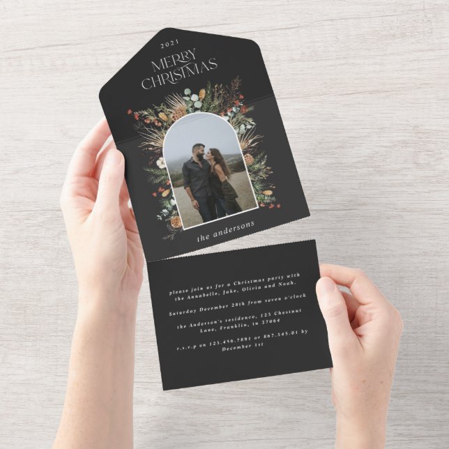 Invitación Todo En Uno Navidades foto arco acuarela floral botánica (desgarro)
