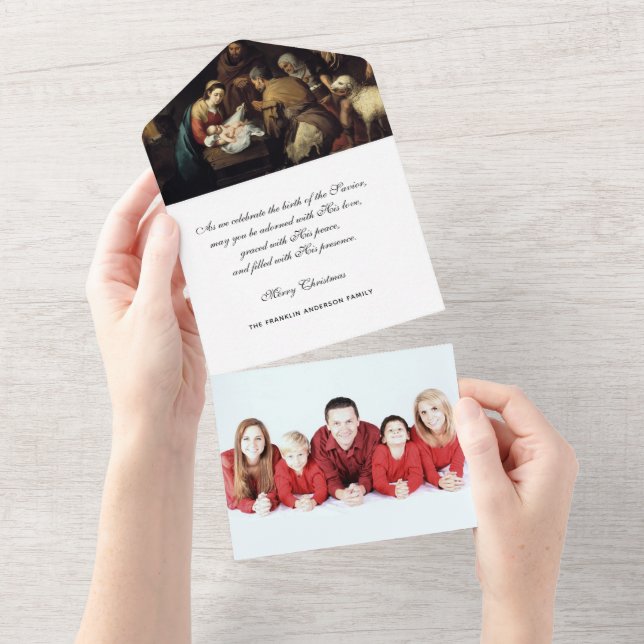 Invitación Todo En Uno Navidades Foto Virgen María Jesús Poinsettia (desgarro)