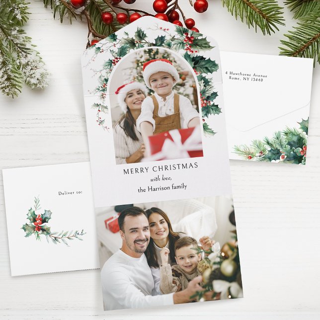 Invitación Todo En Uno Navidades modernos Foto Arch con Holly (Subido por el creador)