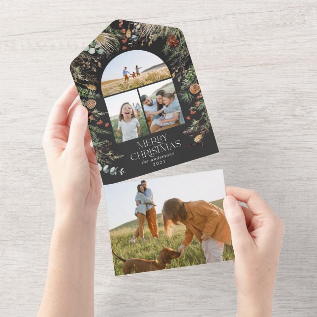 Invitación Todo En Uno Navidades multiarco de fotos acuarela botánica (desgarro)