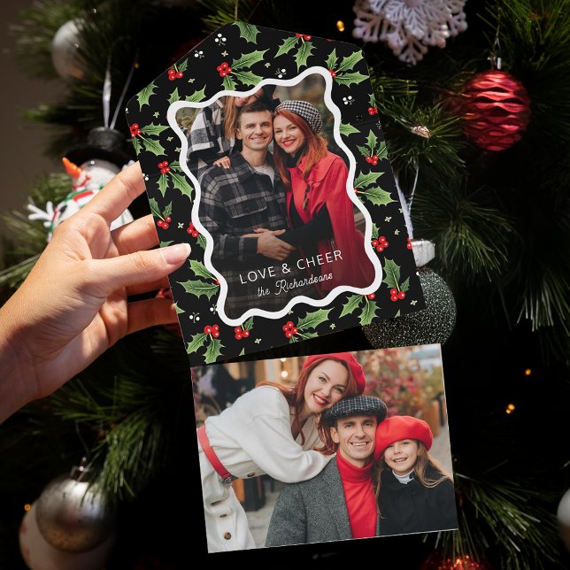 Invitación Todo En Uno Navidades negros en negrita Holly Wavy Frame Photo (Subido por el creador)
