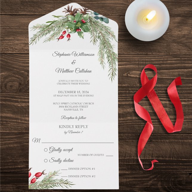 Invitación Todo En Uno Navidades Pine y Berries (Also available with QR code or without dinner options. )