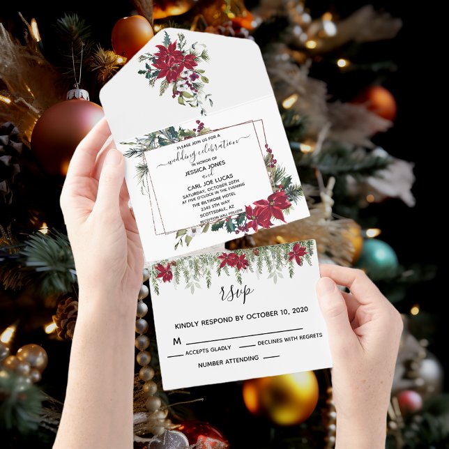Invitación Todo En Uno Navidades Poinsettia Floral Holiday Winter (Subido por el creador)