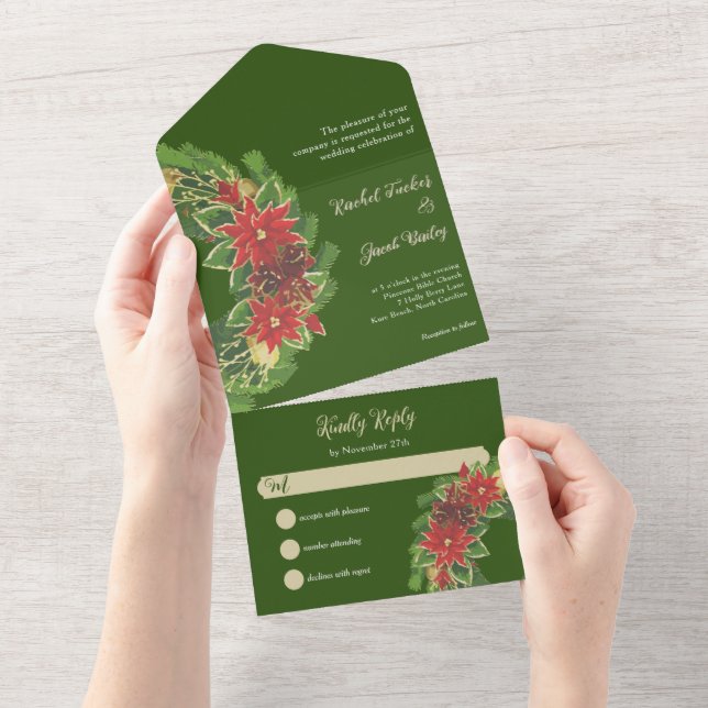 Invitación Todo En Uno Navidades Poinsettias Boda Verde y Rojo (desgarro)