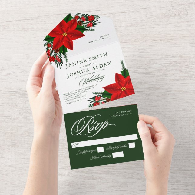Invitación Todo En Uno Navidades Red Poinsettia Pine Greenery Boda (desgarro)
