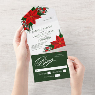 Invitación Todo En Uno Navidades Red Poinsettia Pine Greenery Boda