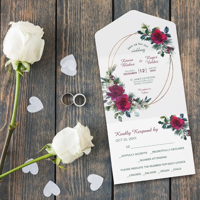 Invitación Todo En Uno Navidades rojos Rosa Boda de marco dorado (Subido por el creador)