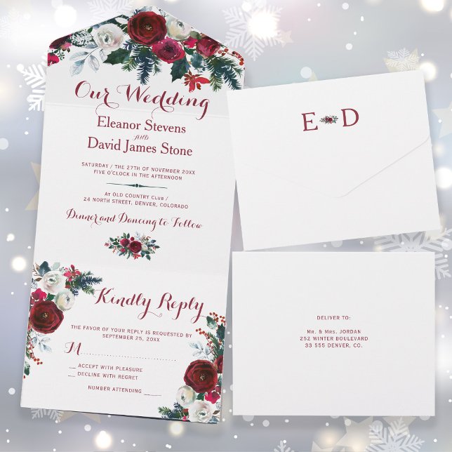 Invitación Todo En Uno Navidades rusos invierno boda floral roja RSVP (Subido por el creador)