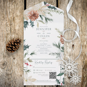Invitación Todo En Uno Navidades rusos Pine & Berries Código QR blanco