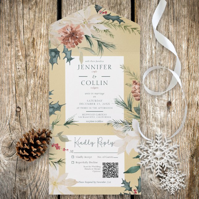 Invitación Todo En Uno Navidades rusos Pine Gold QR Code (Subido por el creador)