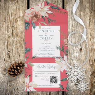 Invitación Todo En Uno Navidades Rústicos Pine Red QR Code