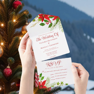 Invitación Todo En Uno Navidades verdes rojos brillantes Boda de Poinsett