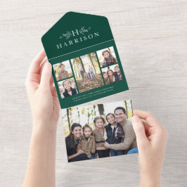 Invitación Todo En Uno Navidades verdes triples en el collage de monogram