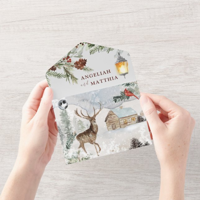 Invitación Todo En Uno Navidades Wintery Greenery Cardenal rojo Boda (Apertura)