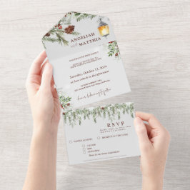 Invitación Todo En Uno Navidades Wintery Greenery Cardenal rojo Boda