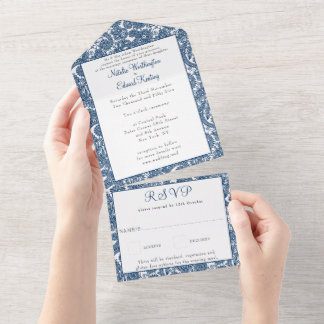 Invitación Todo En Uno Navy Blue Filigree Paisley Henna Wedding RSVP