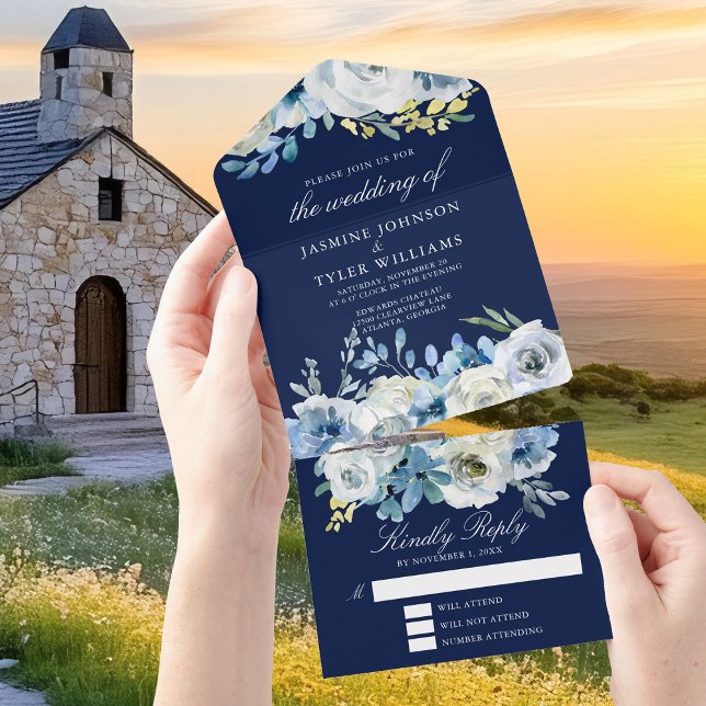 Invitación Todo En Uno Navy Blue Floral Elegant Winter Wedding (Subido por el creador)