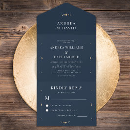 Invitación Todo En Uno Navy Blue Gold Celestial Moon Cycle Mystic Boda