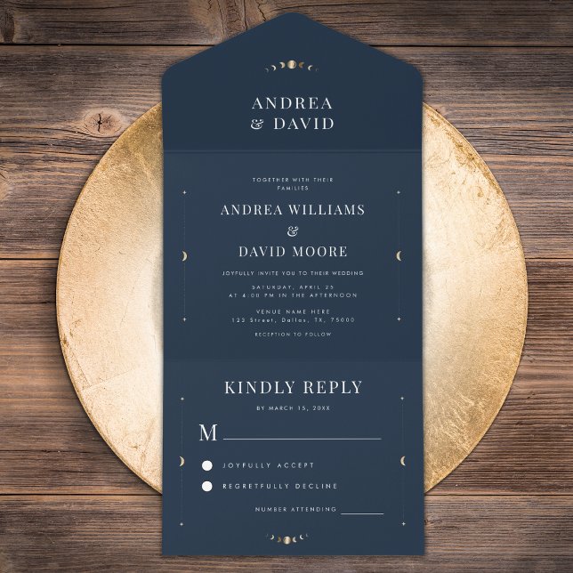 Invitación Todo En Uno Navy Blue Gold Celestial Moon Cycle Mystic Boda (Subido por el creador)
