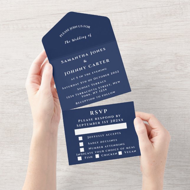 Invitación Todo En Uno Navy Blue Modern Elegant Simple Boda (desgarro)