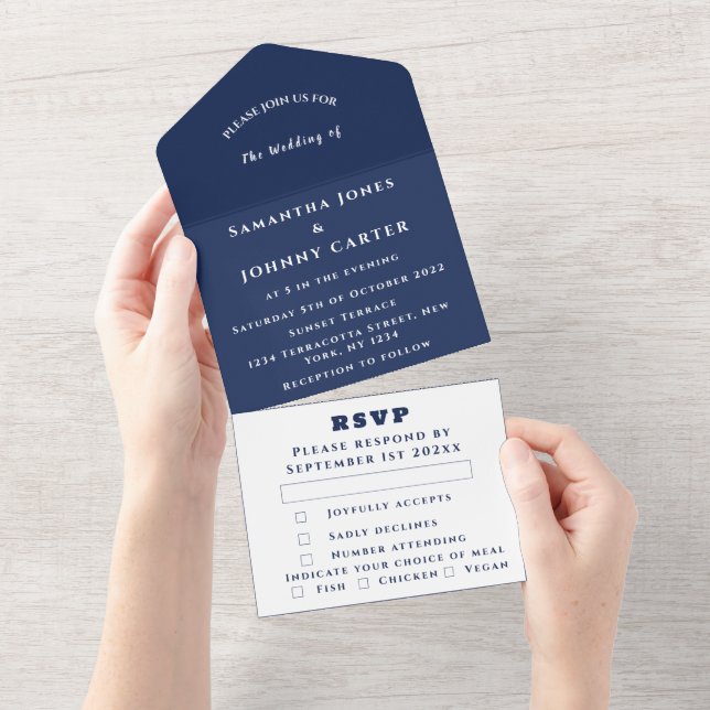 Invitación Todo En Uno Navy Blue Modern Elegant Simple Boda (desgarro)