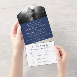 Invitación Todo En Uno Navy Blue Modern Elegant Simple Photo Boda