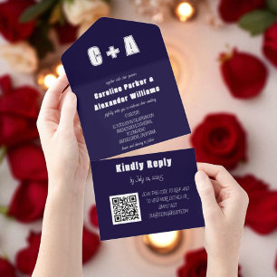 Invitación Todo En Uno Navy Blue Modern QR Code Bold Elegante