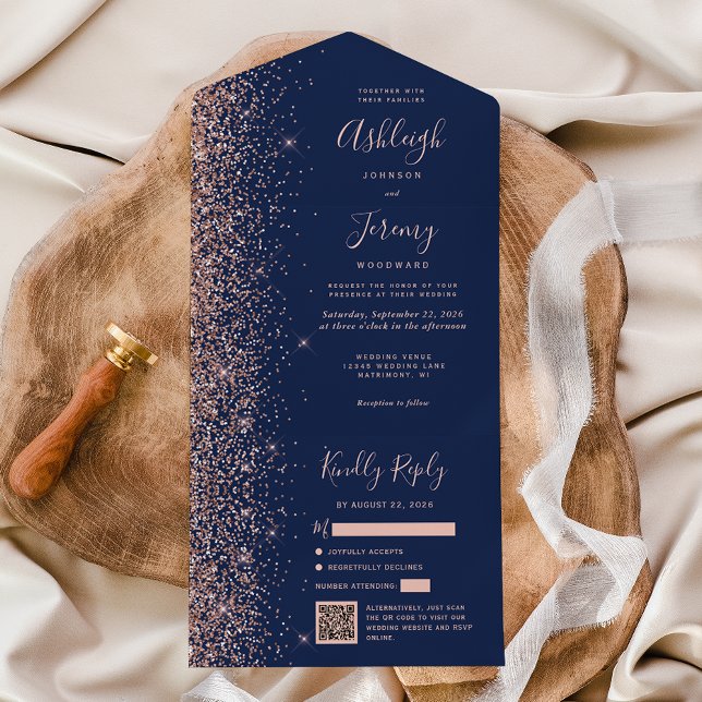 Invitación Todo En Uno Navy Blue Rose Gold Glitter QR Code Wedding (Subido por el creador)