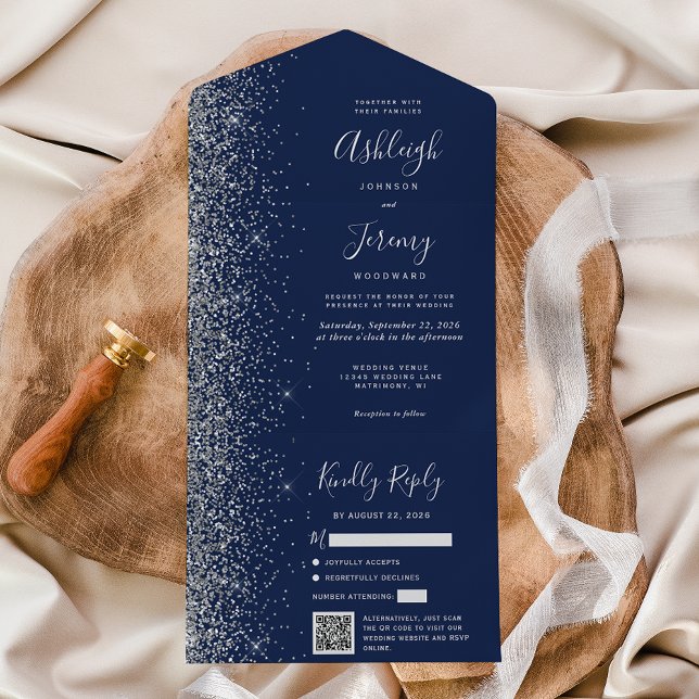 Invitación Todo En Uno Navy Blue Silver Glitter QR Code Wedding (Subido por el creador)