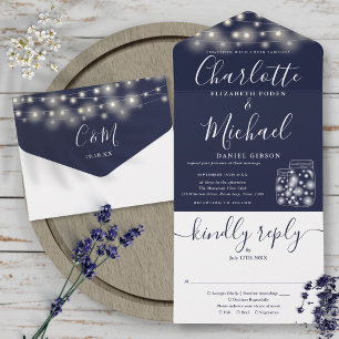 Invitación Todo En Uno Navy Blue String Lights Mason Jars Boda