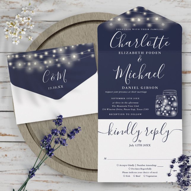 Invitación Todo En Uno Navy Blue String Lights Mason Jars Boda (Navy Blue String Lights Mason Jars Wedding All In One Invitation)