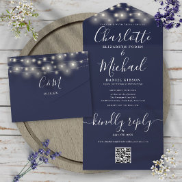 Invitación Todo En Uno Navy Blue String Lights QR Code Monograma Boda