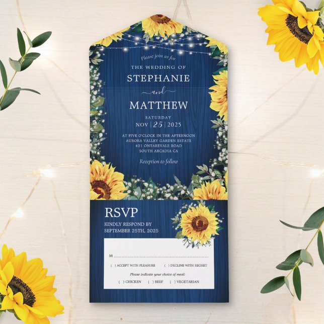 Invitación Todo En Uno Navy Blue Sunflower enciende a un Boda ruso (Subido por el creador)