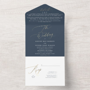 Invitación Todo En Uno Navy Blue White Elegant Gold El Boda