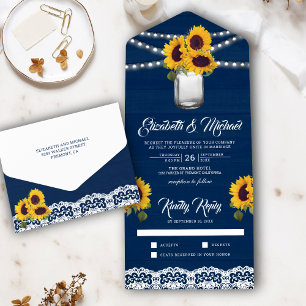 Invitación Todo En Uno Navy Blue Wood Lace Sunflowers Mason Jar Boda