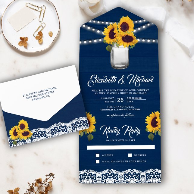 Invitación Todo En Uno Navy Blue Wood Lace Sunflowers Mason Jar Boda (Subido por el creador)