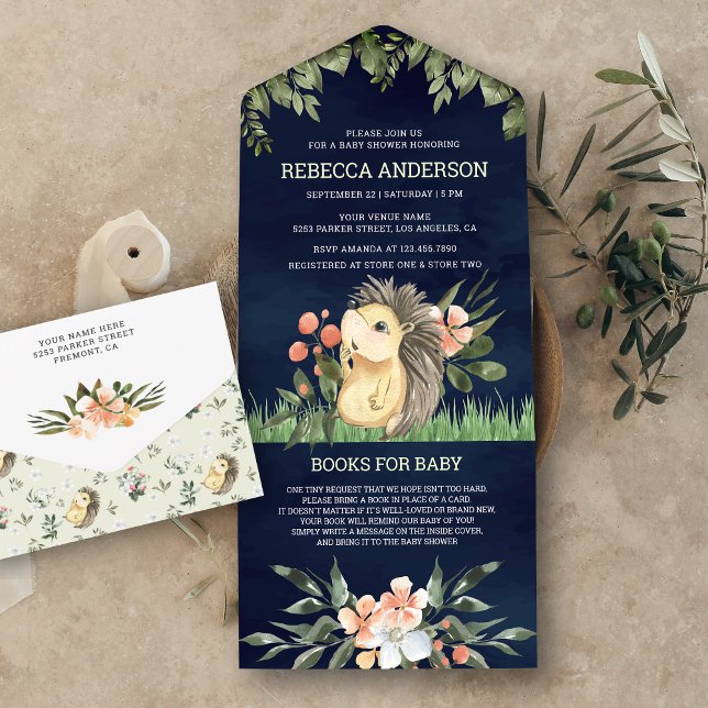 Invitación Todo En Uno Navy Blue Woodland Cute Hedgehog Baby Shower (Subido por el creador)