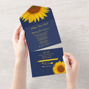 Invitación Todo En Uno Navy Blue Yellow Sunflower Wedding RSVP