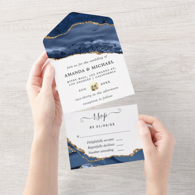 Invitación Todo En Uno Navy y Ágata Dorada (desgarro)