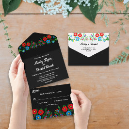 Invitación Todo En Uno Negro Boho Rojo Azul Roses Romántico Boda Floral