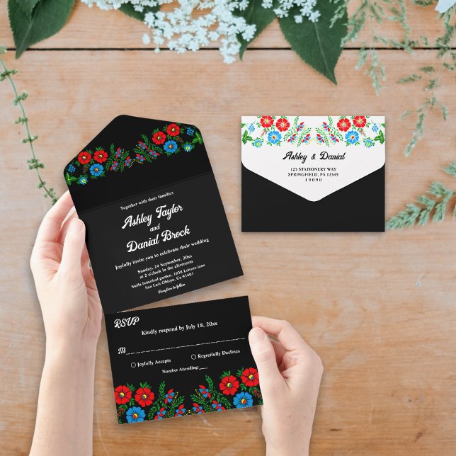 Invitación Todo En Uno Negro Boho Rojo Azul Roses Romántico Boda Floral (Subido por el creador)