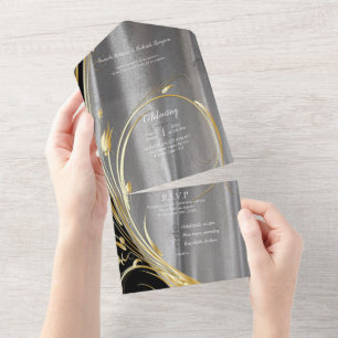 Invitación Todo En Uno Negro con oro sobre textura de plata Todo en uno