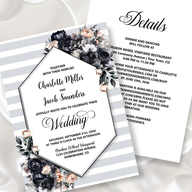 Invitación Todo en uno negro floral geométrico rayado boda (Subido por el creador)