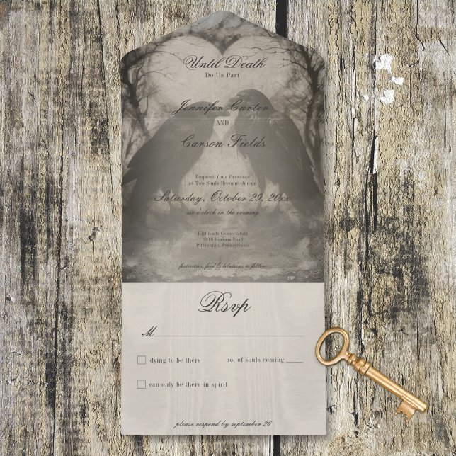 Invitación Todo En Uno Negro gótico oscuro y Boda de Tan Raven sin cena (Dark Gothic Black & Tan Raven Wedding No Dinner All In One Invitation)