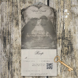 Invitación Todo En Uno Negro gótico oscuro y código QR Boda Tan Raven