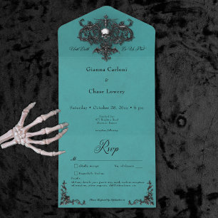 Invitación Todo En Uno Negro gótico y Verde azulado Halloween Filigree No
