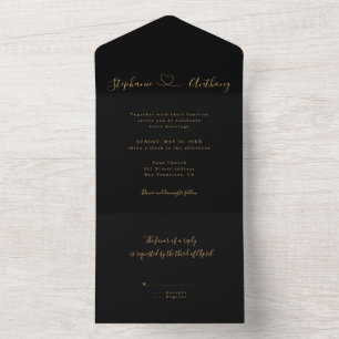 Invitación Todo En Uno Negro minimalista y oro con un Boda cardíaco
